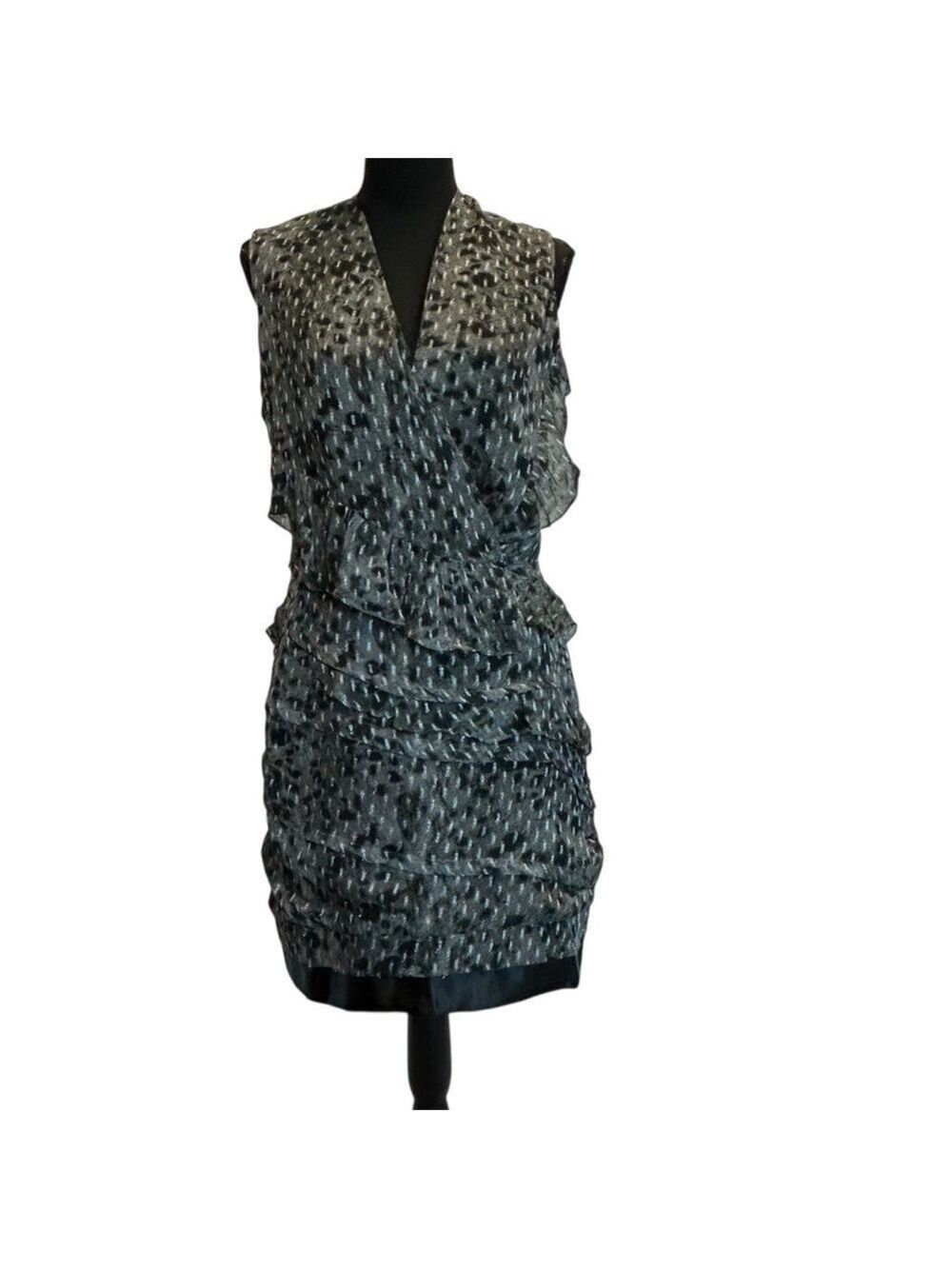 IRO Corie Grey metallic leopard print ruffle frill shift mini dress sleeveless
